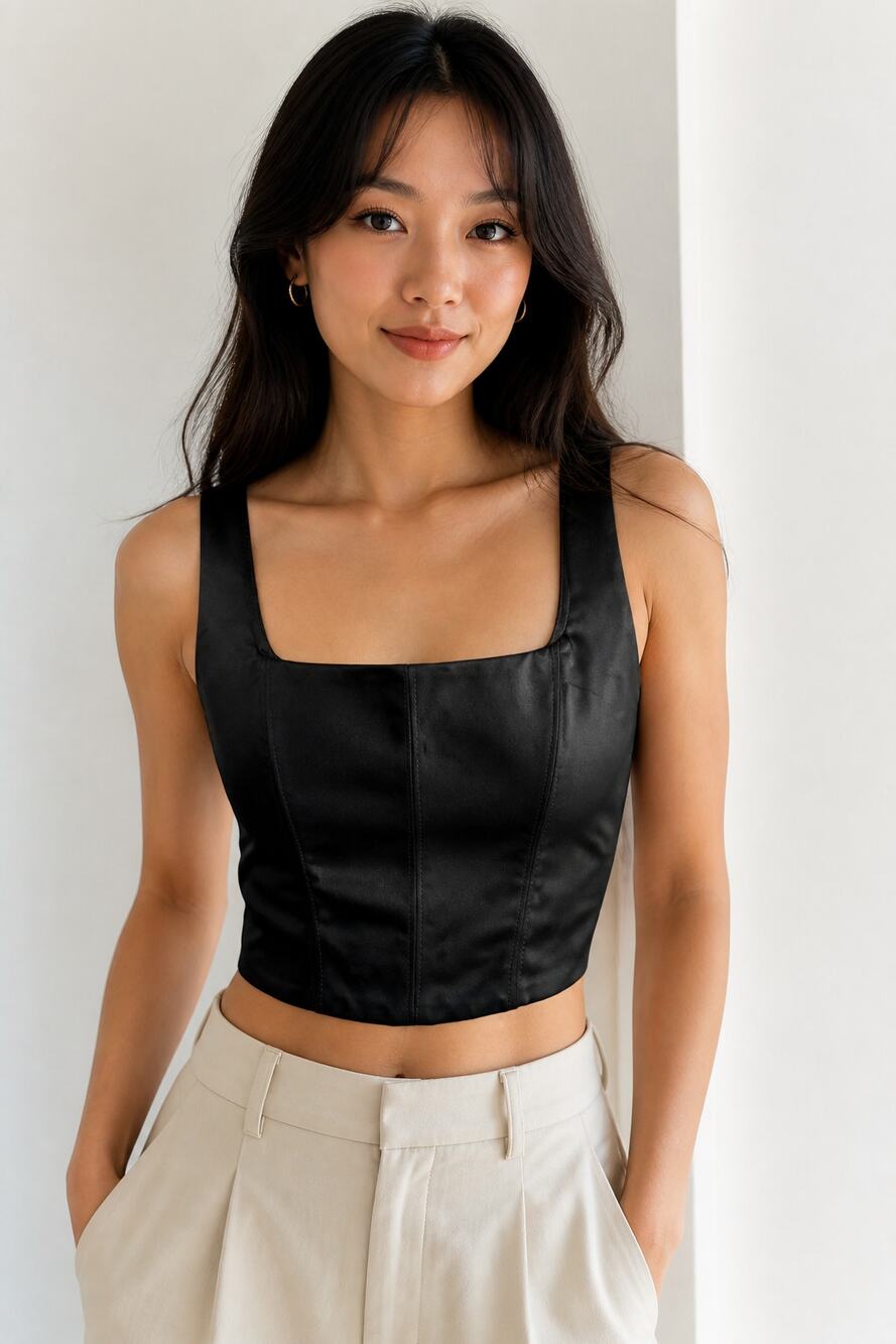TEN by Babaton Black Satin Crop Tank Top XS